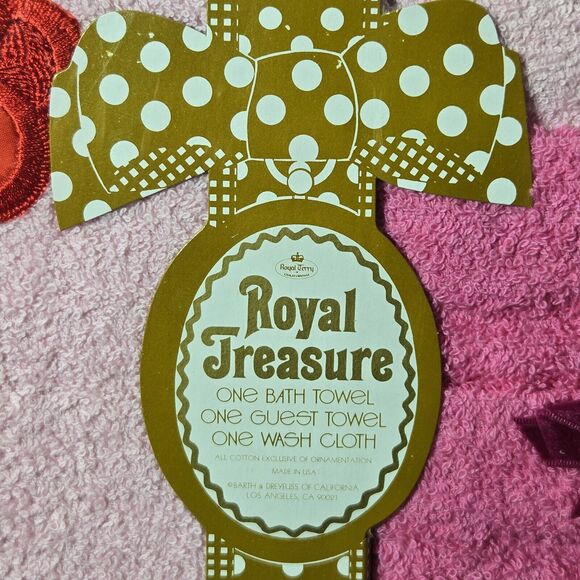 Vintage 1950s Pink Royal Treasure USA Appliqué Flower Towel Set~PInk~New In Box - Picture 4 of 12